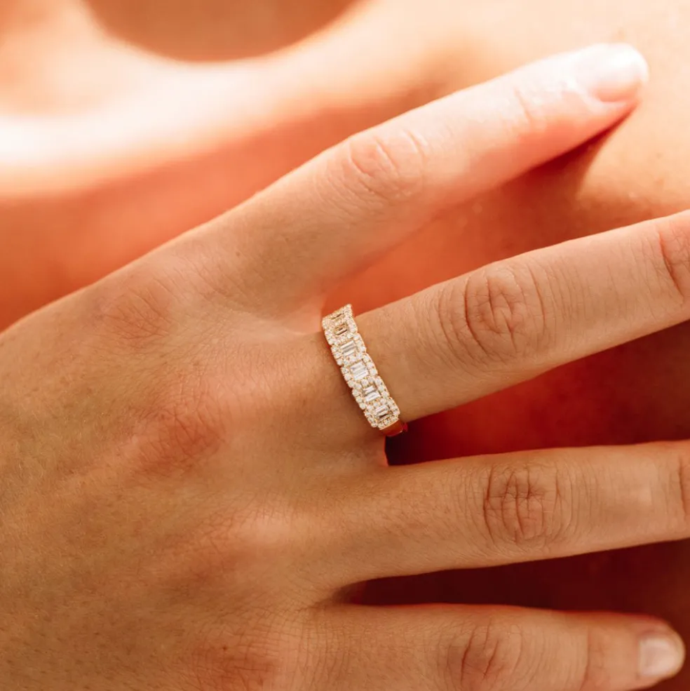 14K Gold Unique Baguette and Round Diamond Anniversary Ring