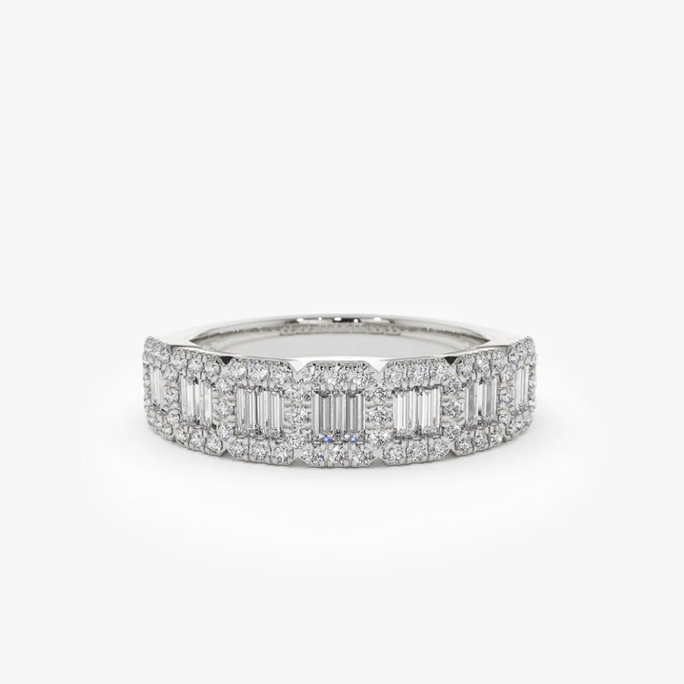 14K Gold Unique Baguette and Round Diamond Anniversary Ring