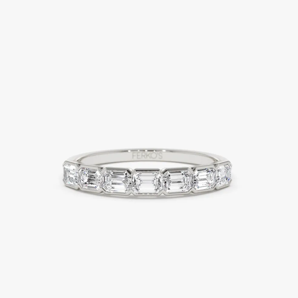 14k Half Bezel Emerald Cut Diamond Wedding Band 0.75 ctw