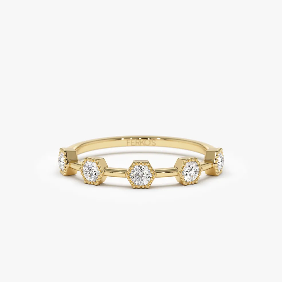 14k Hexagon Milgrain Setting Five Stone Diamond Ring