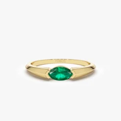 14K Horizontal Marquise Shape Natural Emerald Ring