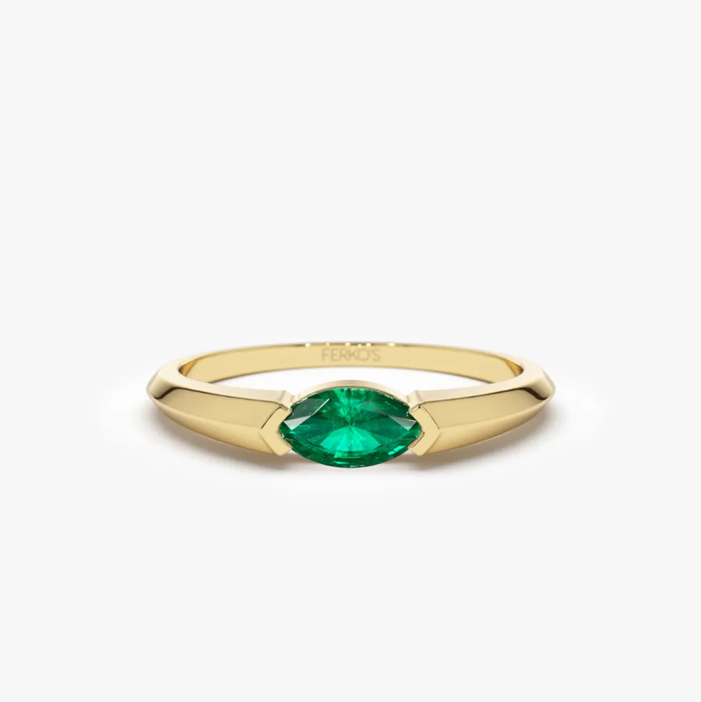 14K Horizontal Marquise Shape Natural Emerald Ring