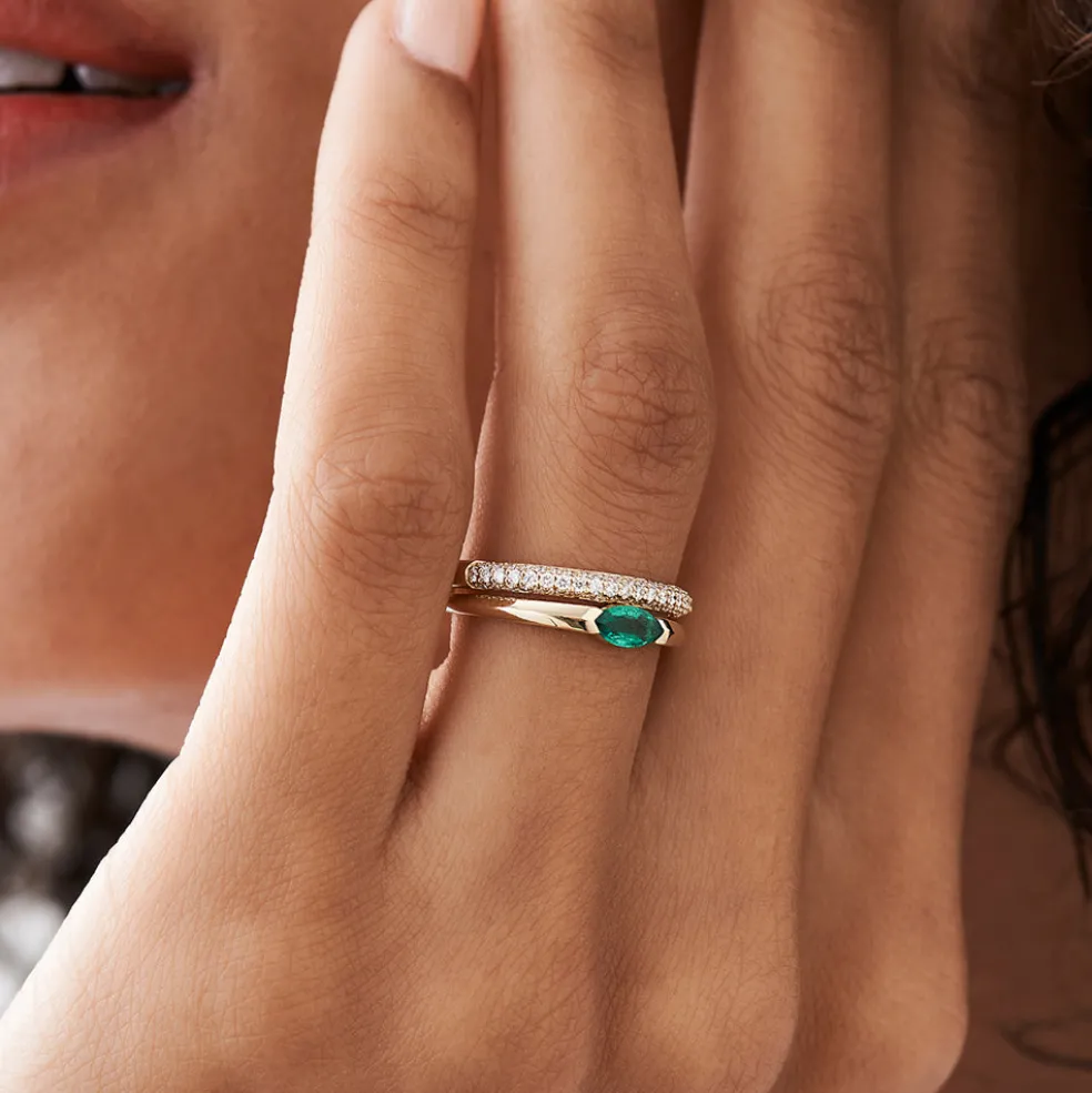 14K Horizontal Marquise Shape Natural Emerald Ring