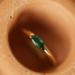 14K Horizontal Marquise Shape Natural Emerald Ring