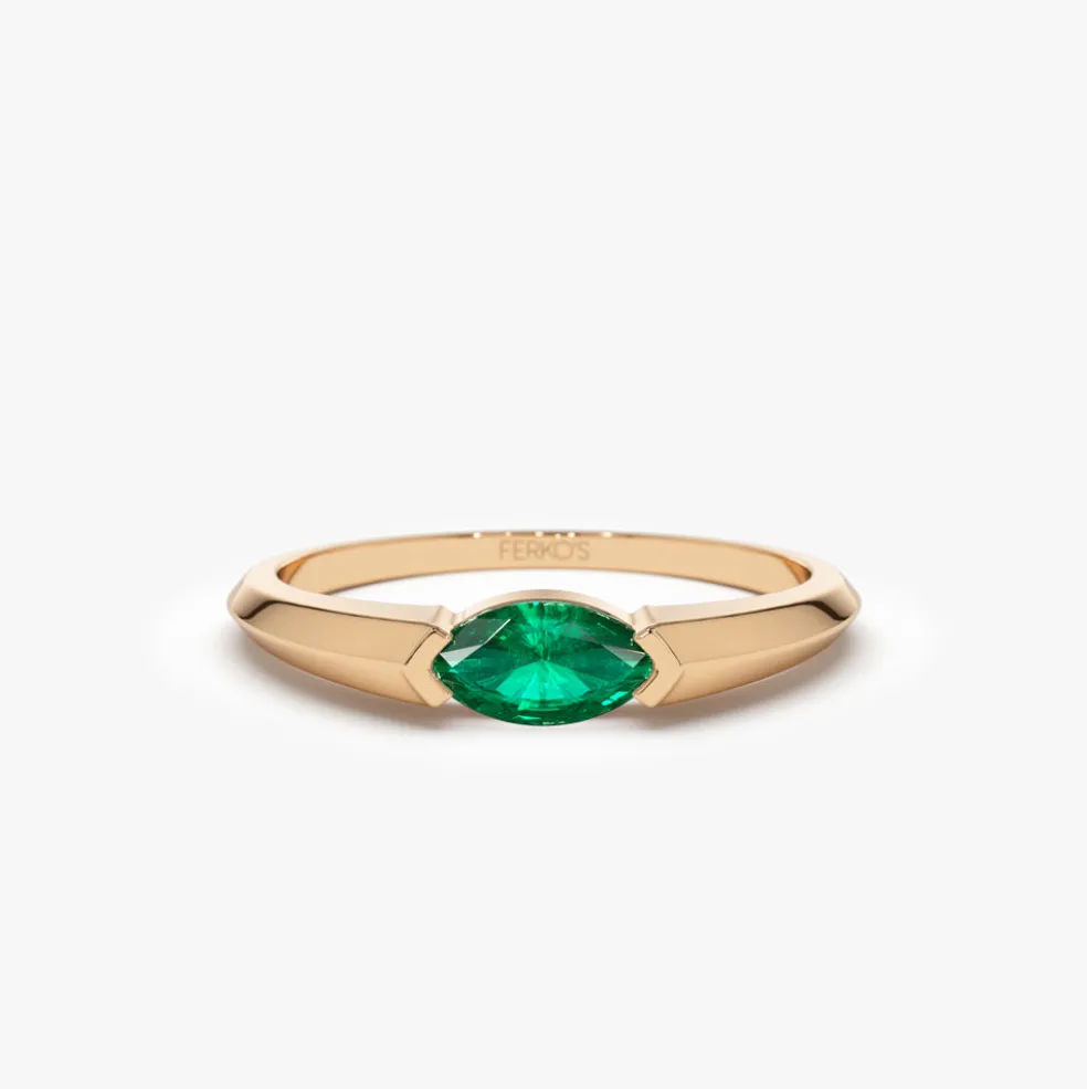 14K Horizontal Marquise Shape Natural Emerald Ring