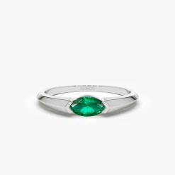 14K Horizontal Marquise Shape Natural Emerald Ring