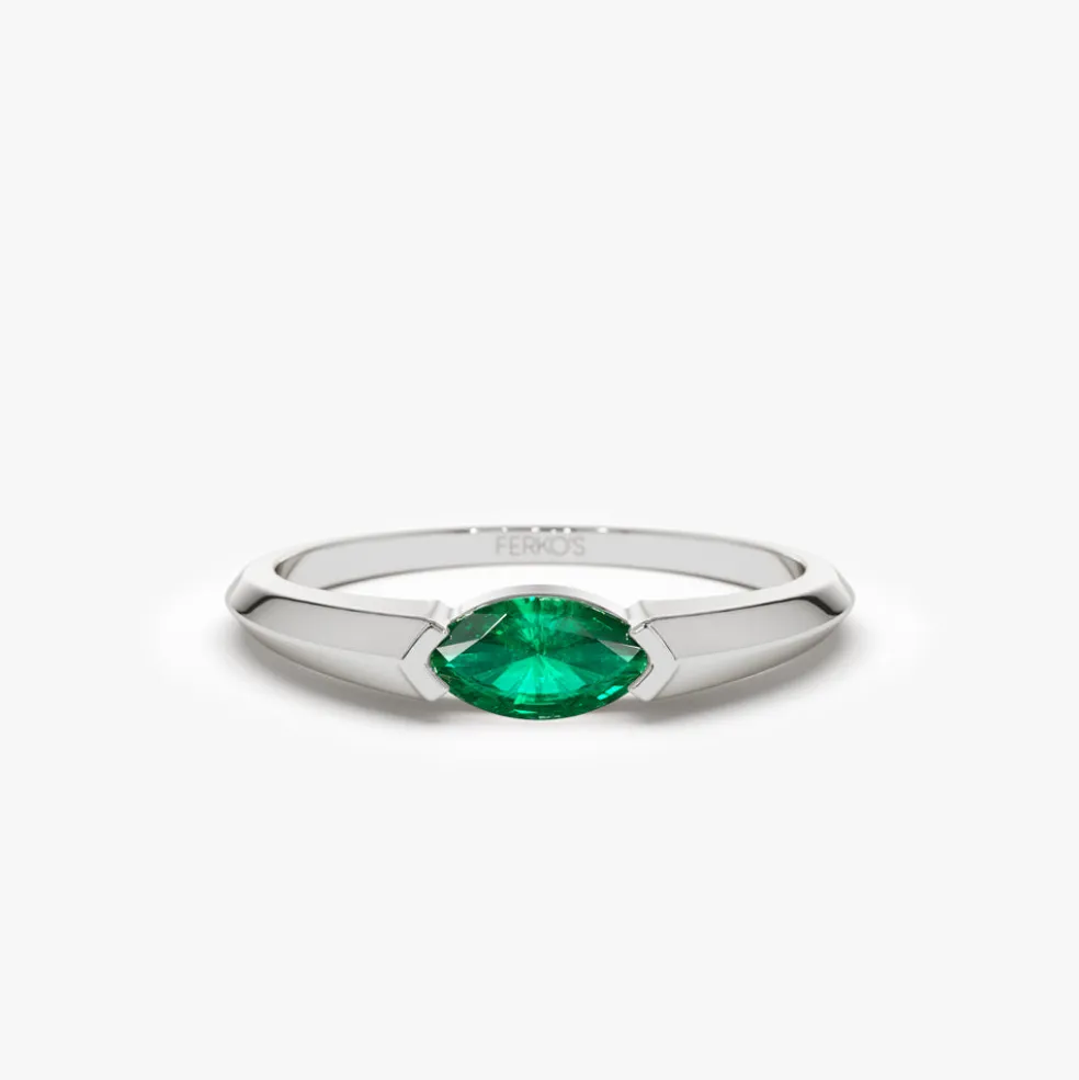 14K Horizontal Marquise Shape Natural Emerald Ring