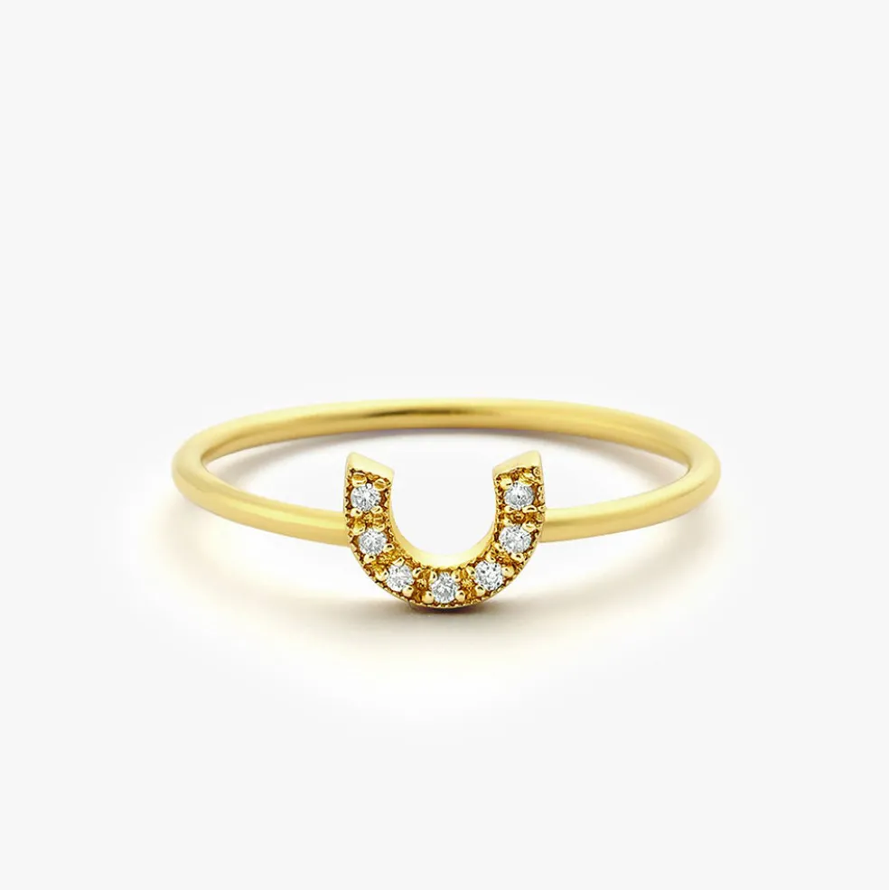 14K Horseshoe Ring with Round Cut White Diamonds