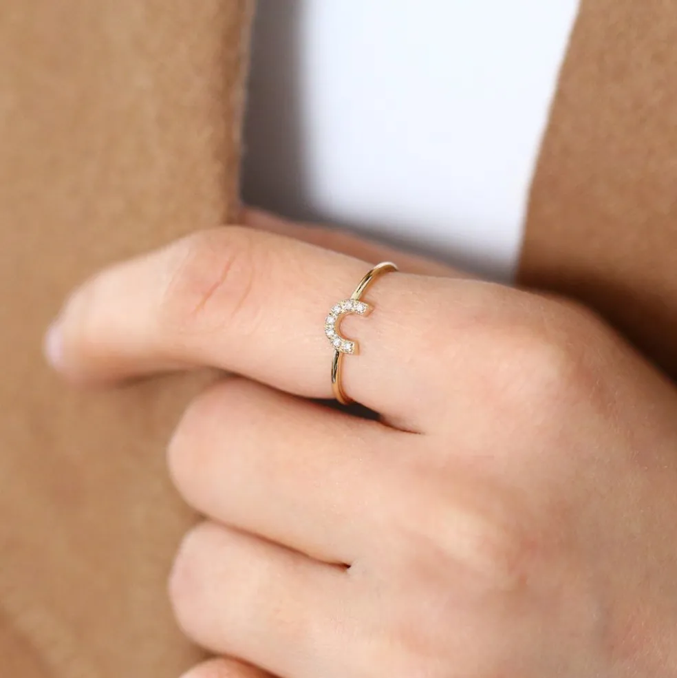 14K Horseshoe Ring with Round Cut White Diamonds