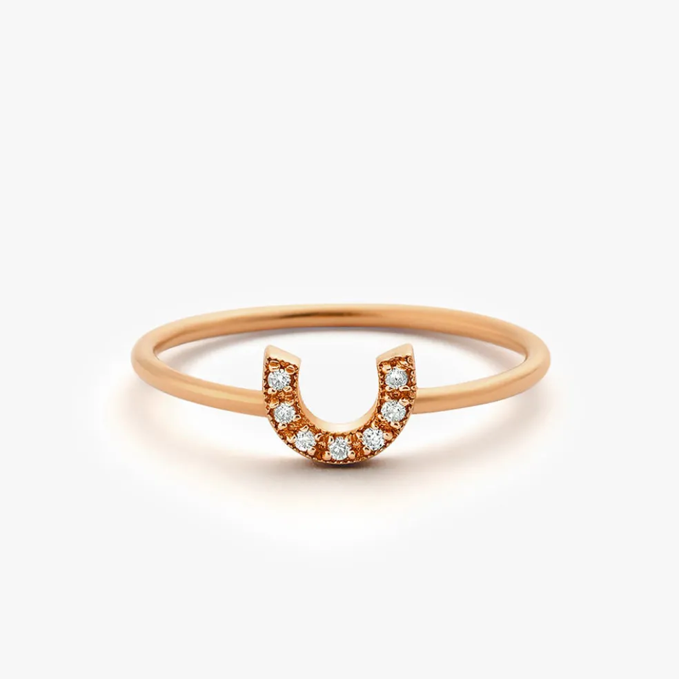 14K Horseshoe Ring with Round Cut White Diamonds