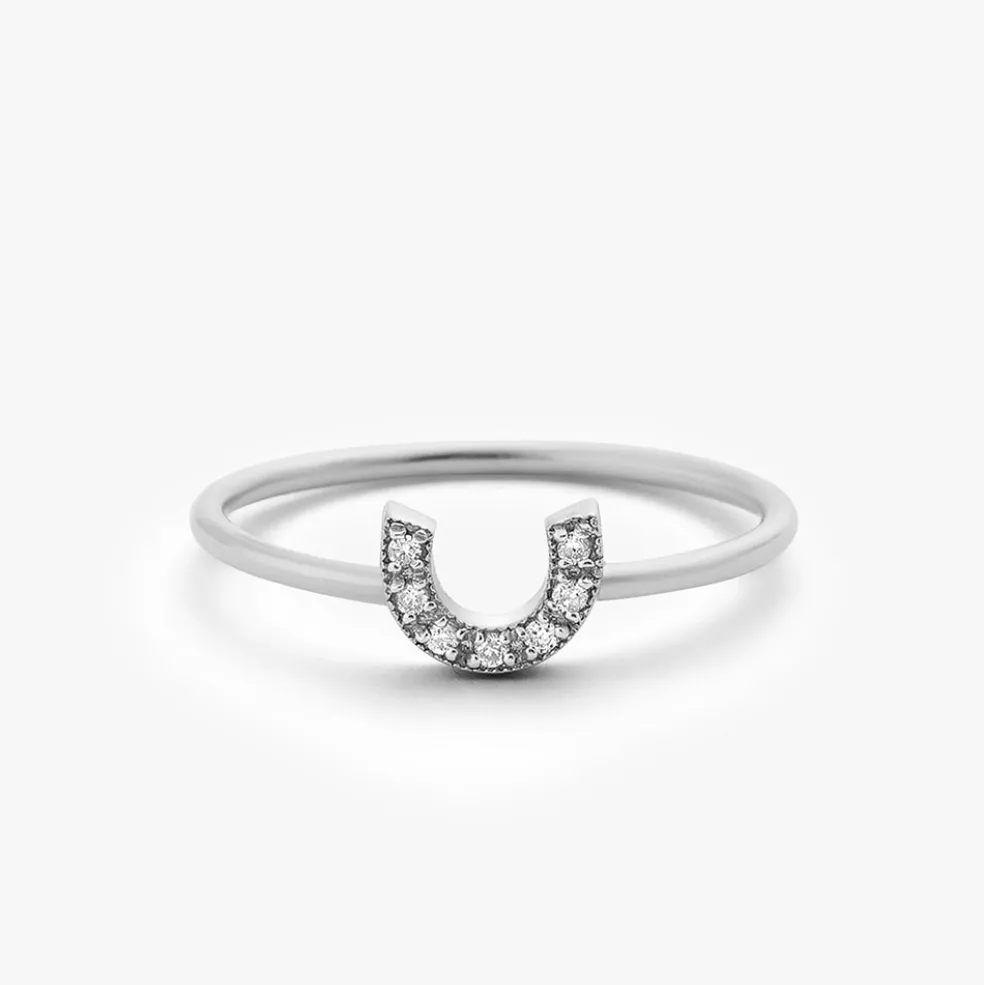 14K Horseshoe Ring with Round Cut White Diamonds