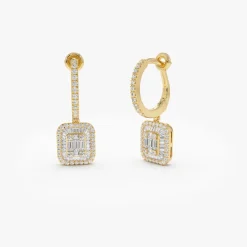 14k Illusion Setting Baguette Diamond Dangling Hoop Earrings