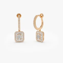 14k Illusion Setting Baguette Diamond Dangling Hoop Earrings