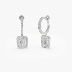 14k Illusion Setting Baguette Diamond Dangling Hoop Earrings