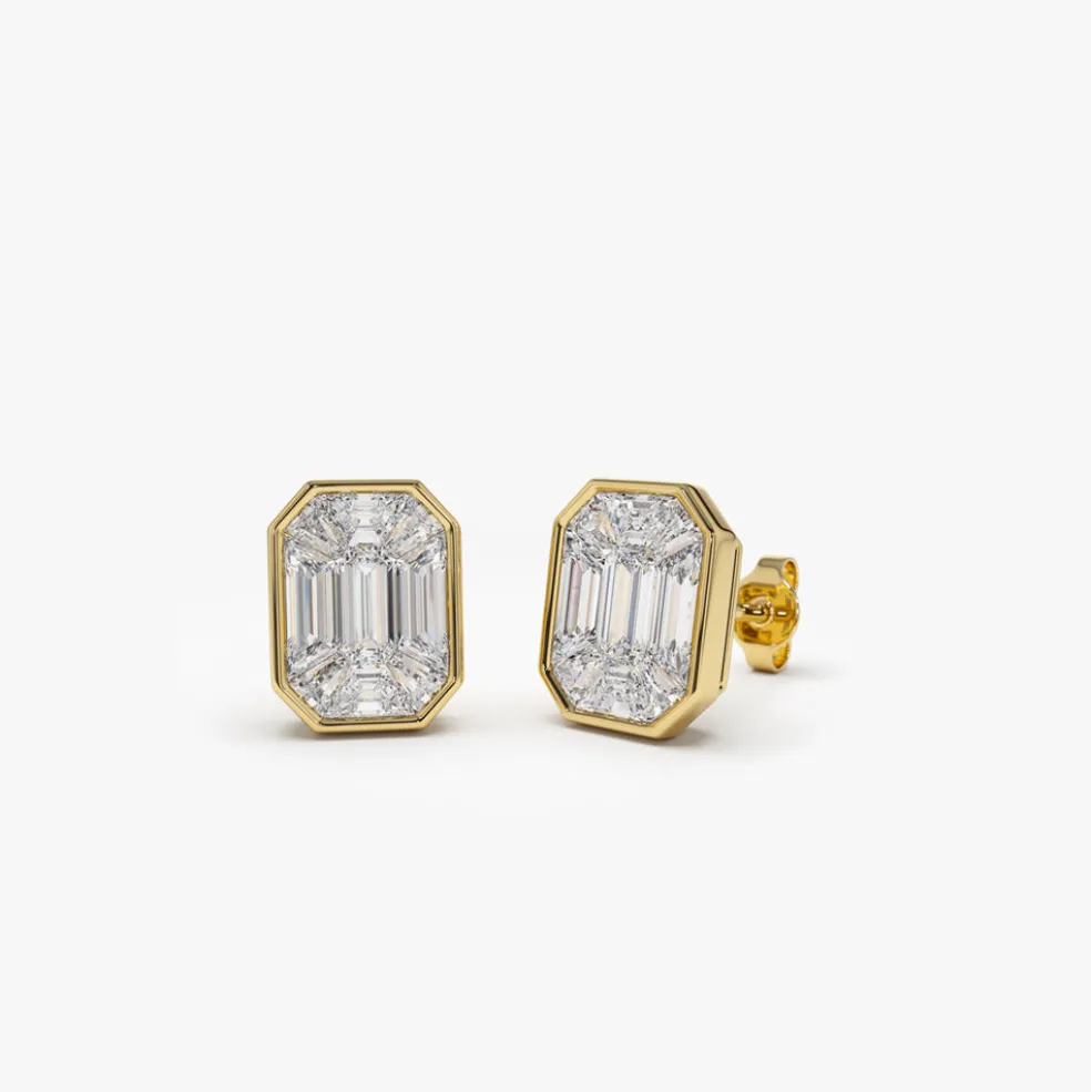 14k Illusion Setting Step Cut Mosaic Diamond Studs