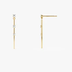 14K Linear Bar Triple Diamond Drop Earrings