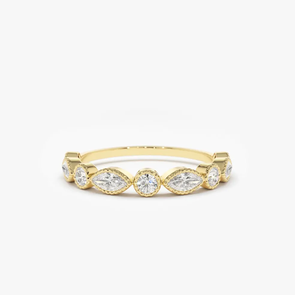 14K Marquise and Round Diamond Milgrain Bezel Setting Ring