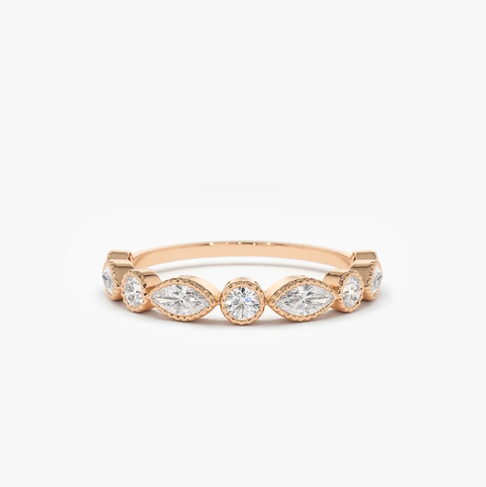 14K Marquise and Round Diamond Milgrain Bezel Setting Ring