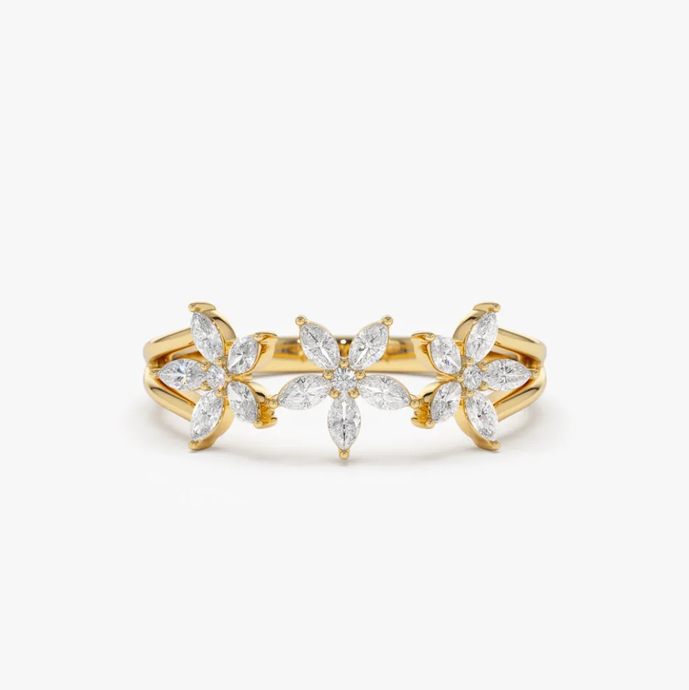 14k Marquise Diamond Multi-Flower Ring