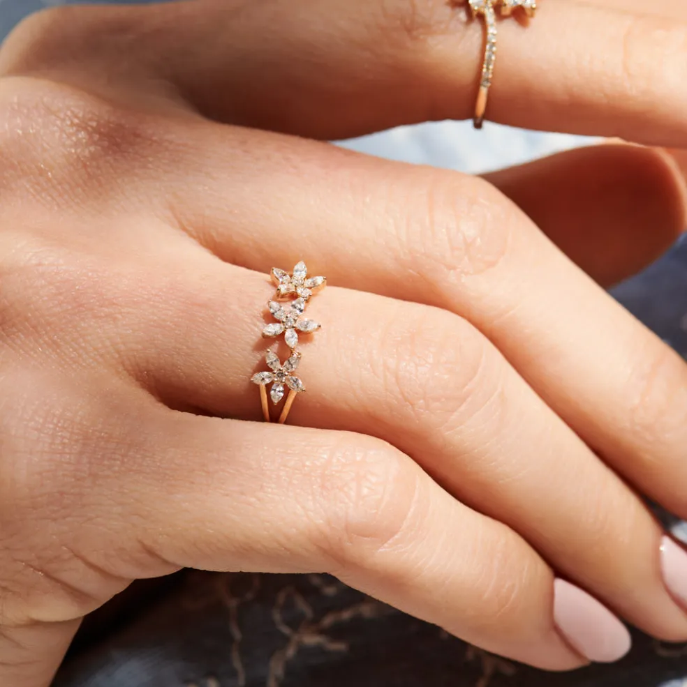 14k Marquise Diamond Multi-Flower Ring