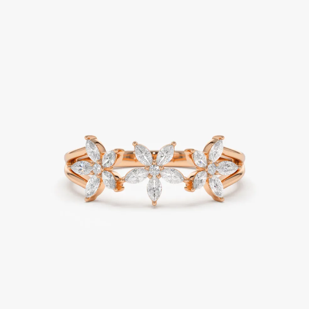 14k Marquise Diamond Multi-Flower Ring