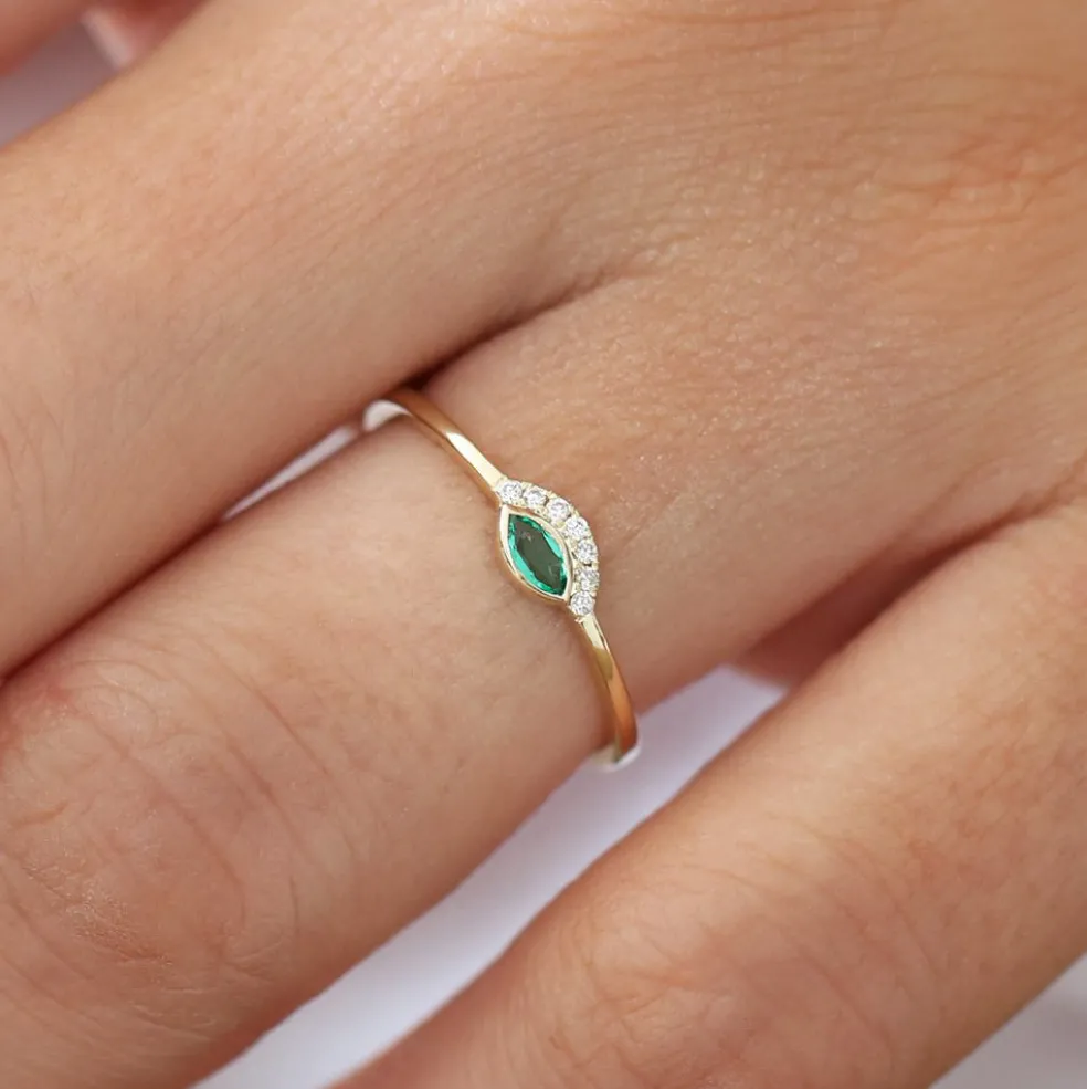 14k Marquise Emerald Eye Diamond Ring