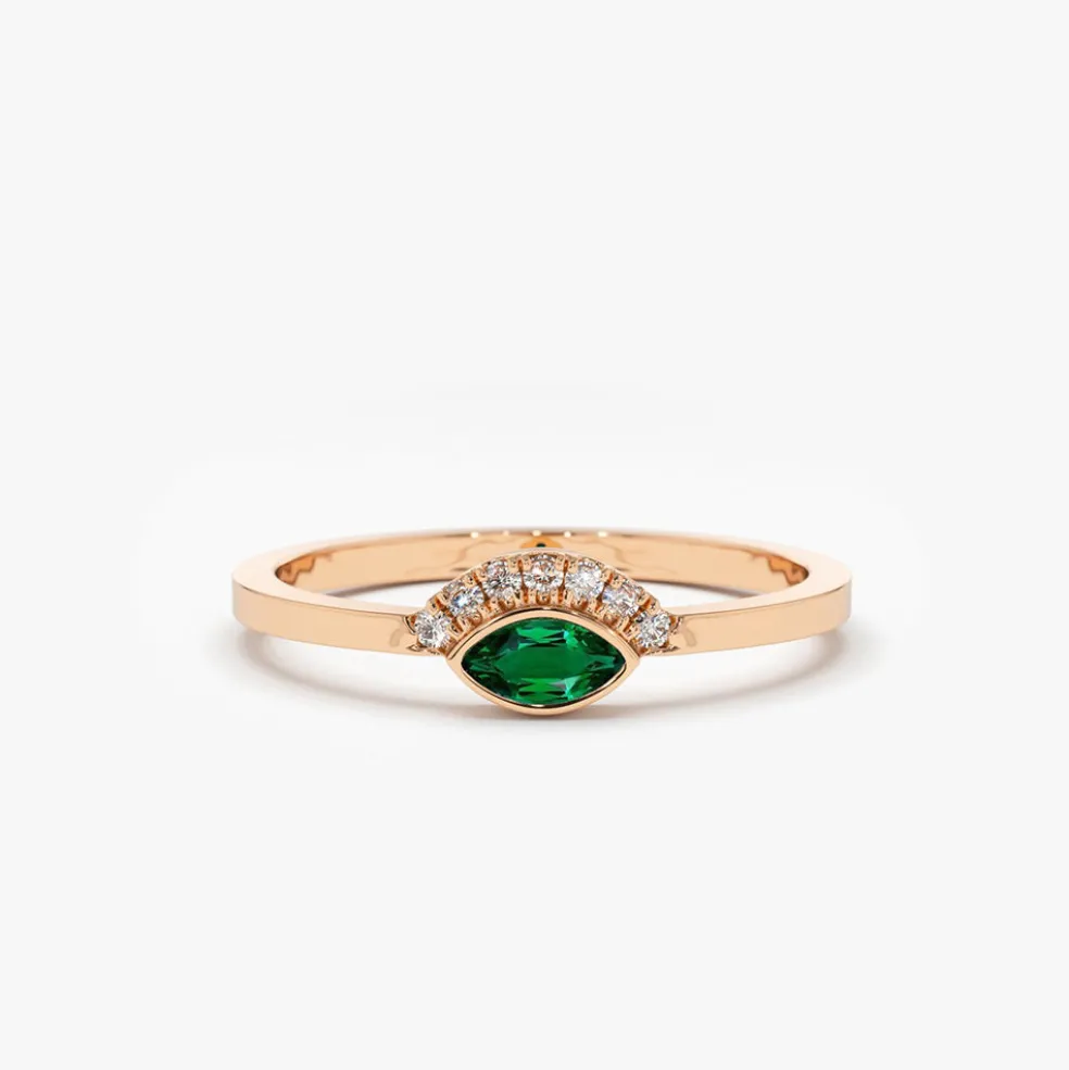 14k Marquise Emerald Eye Diamond Ring