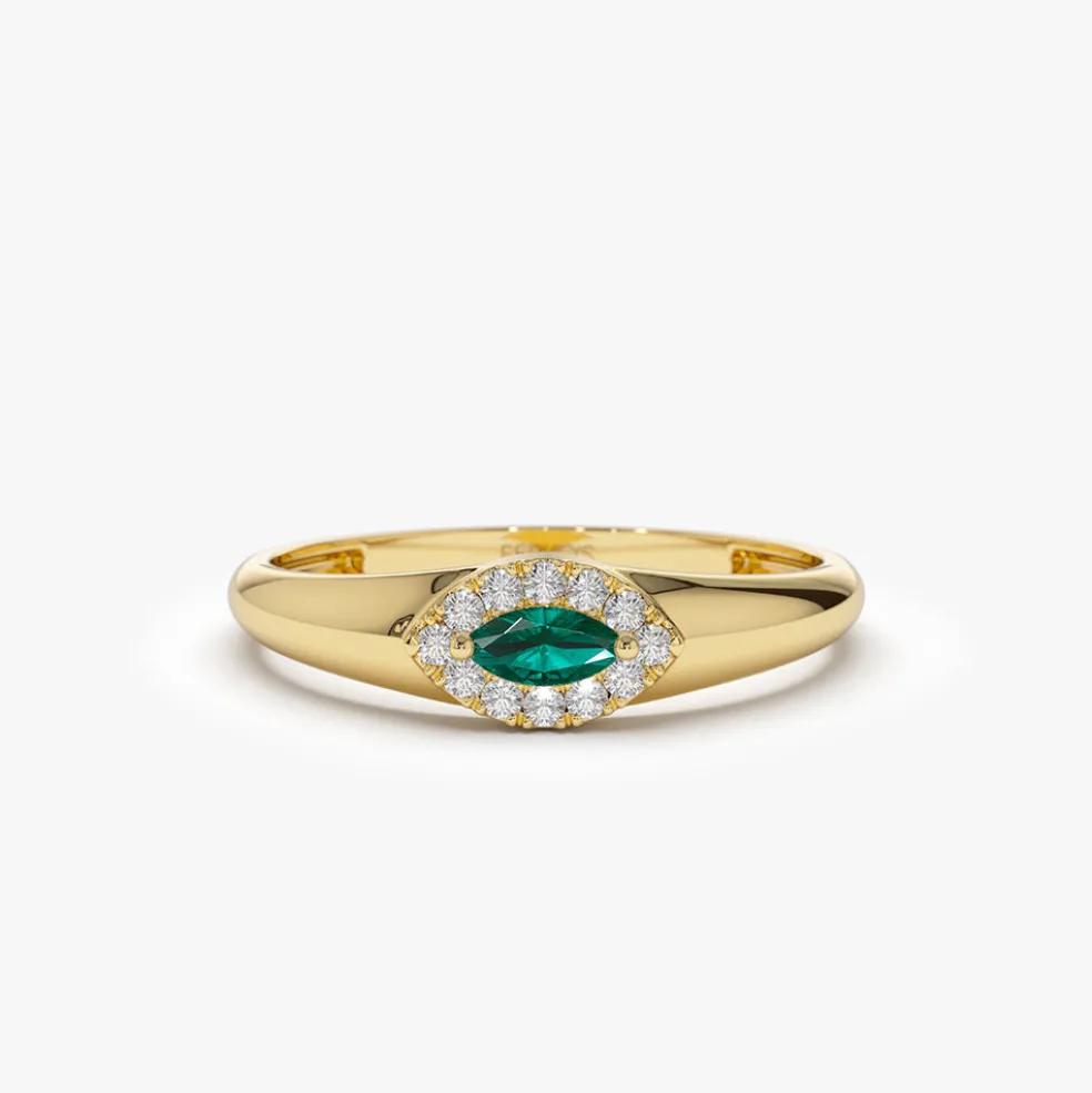 14k Marquise Emerald Ring in Halo Setting