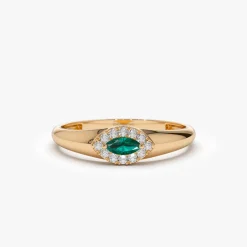 14k Marquise Emerald Ring in Halo Setting