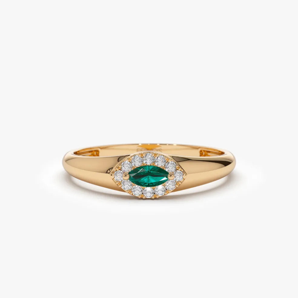 14k Marquise Emerald Ring in Halo Setting
