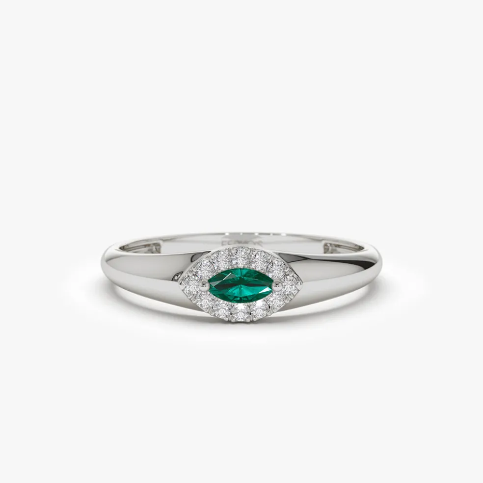 14k Marquise Emerald Ring in Halo Setting