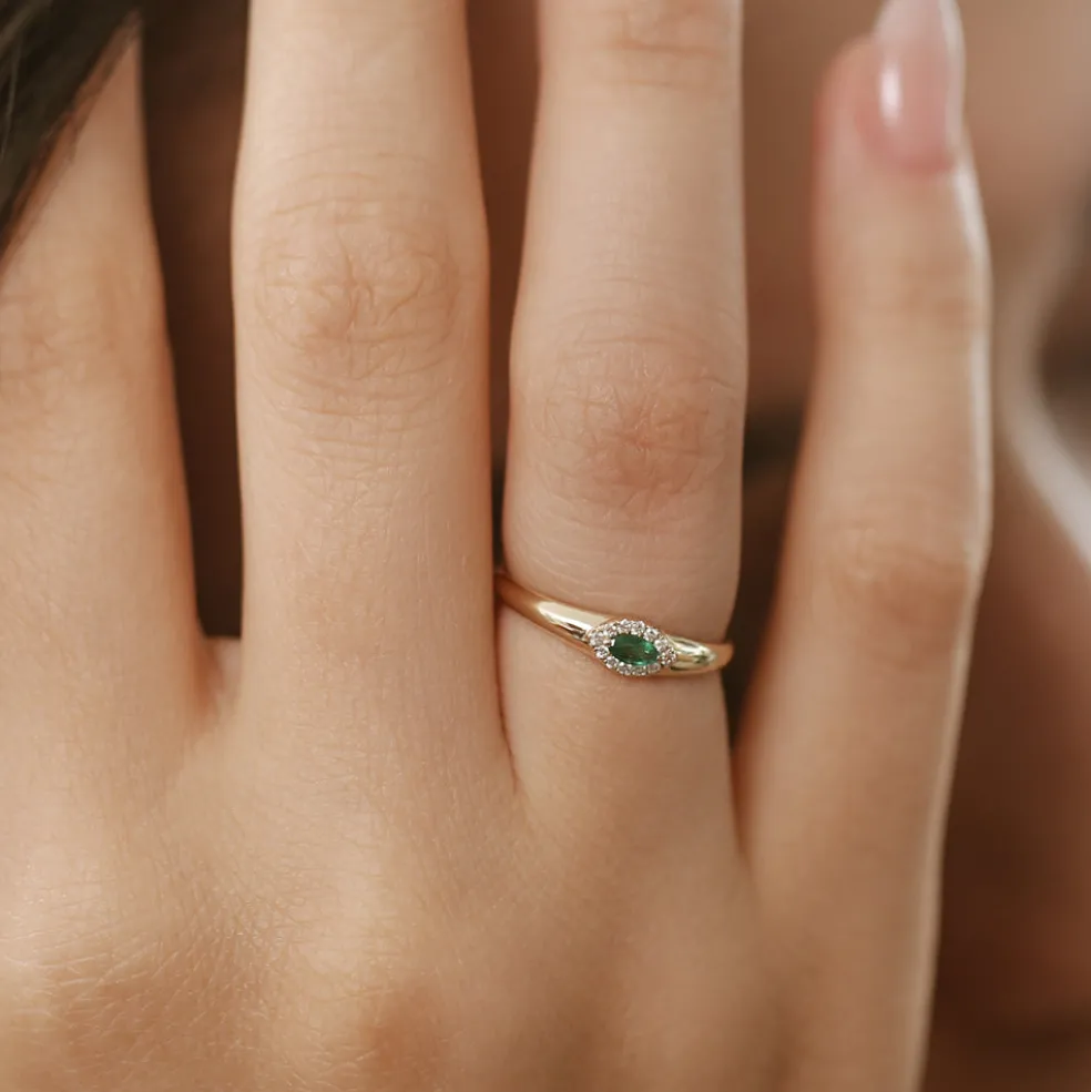 14k Marquise Emerald Ring in Halo Setting