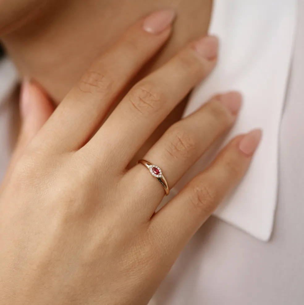 14k Marquise Ruby Ring in Halo Setting
