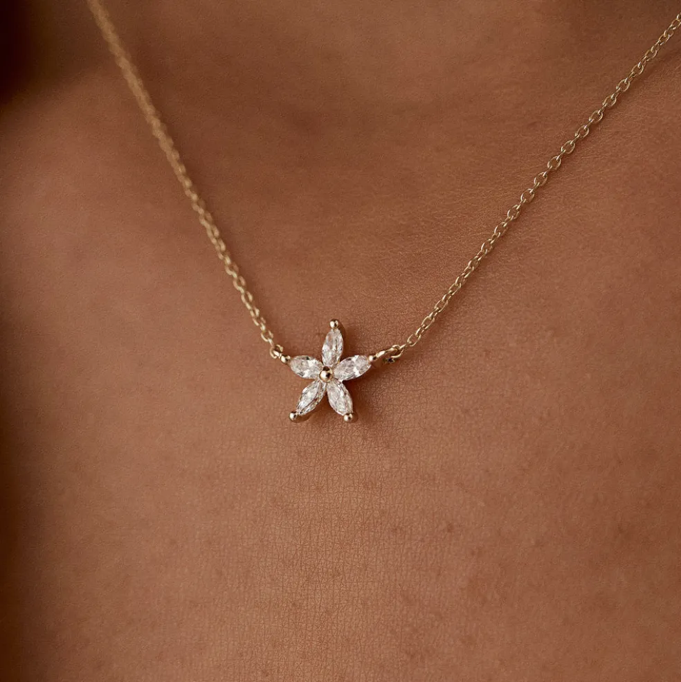 14k Marquise Shaped Diamond Flower Design Necklace