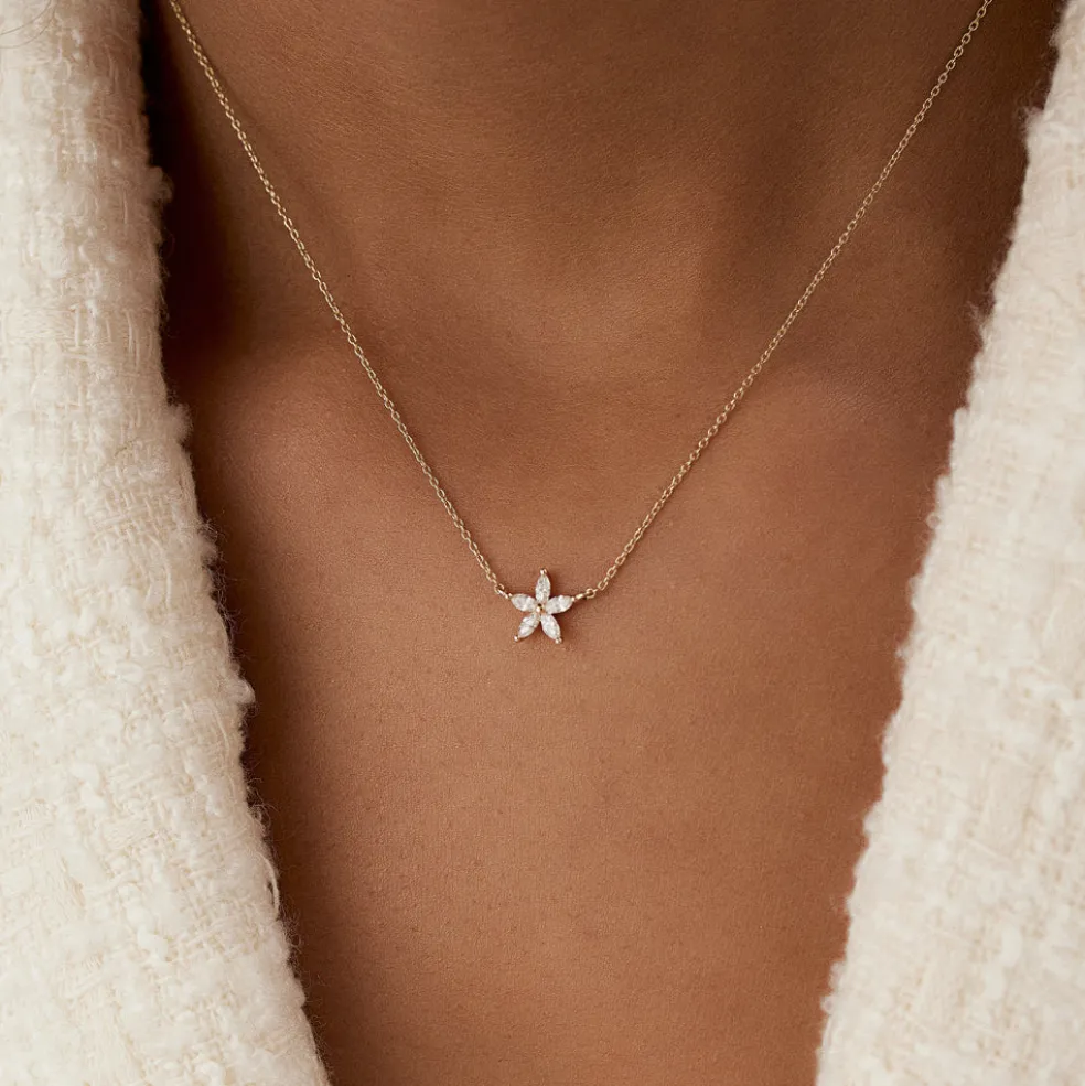 14k Marquise Shaped Diamond Flower Design Necklace