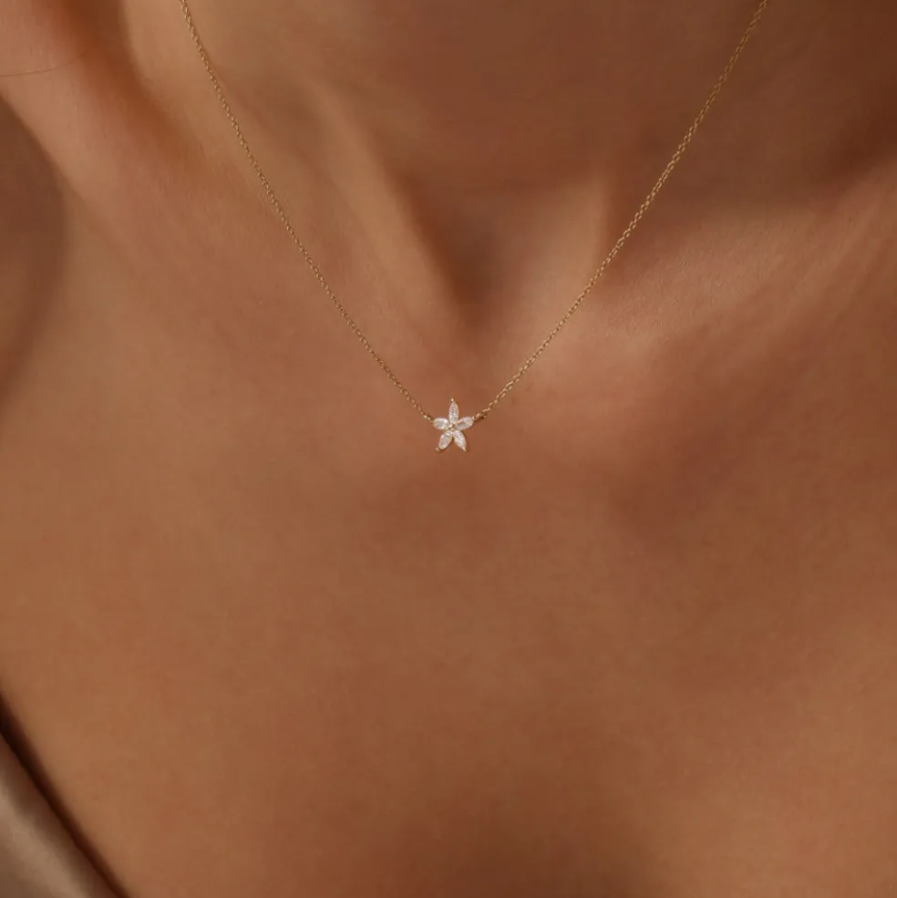 14k Marquise Shaped Diamond Flower Design Necklace
