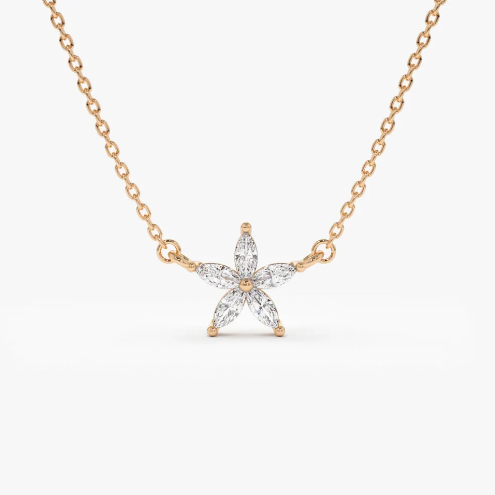 14k Marquise Shaped Diamond Flower Design Necklace