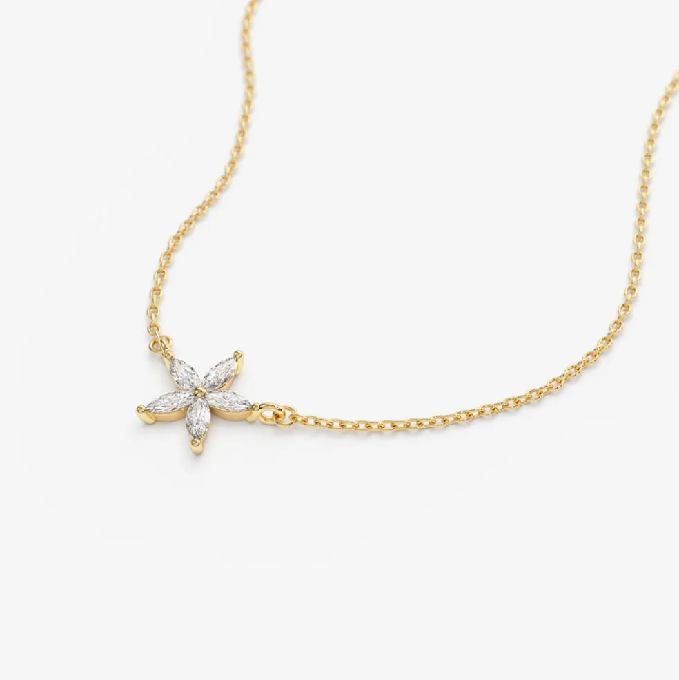 14k Marquise Shaped Diamond Flower Design Necklace