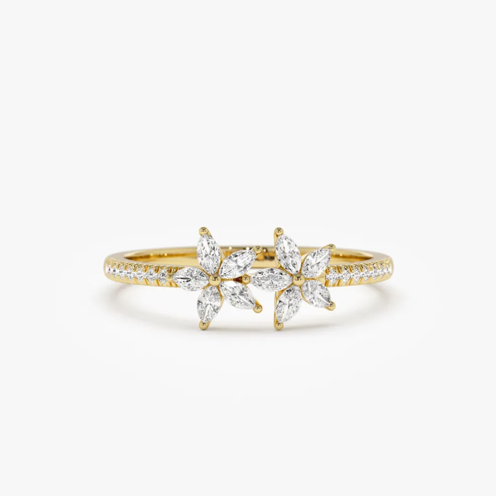 14k Marquise Shaped Diamond Flower Design Statement Ring