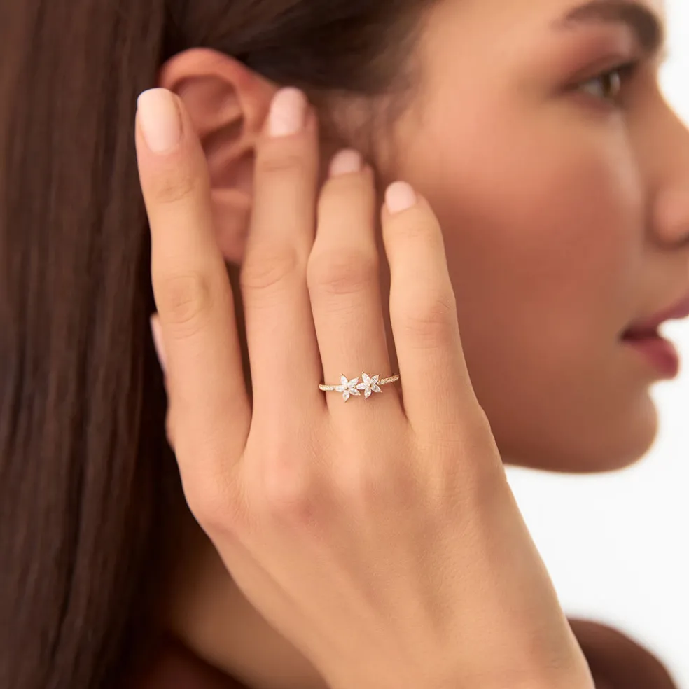 14k Marquise Shaped Diamond Flower Design Statement Ring