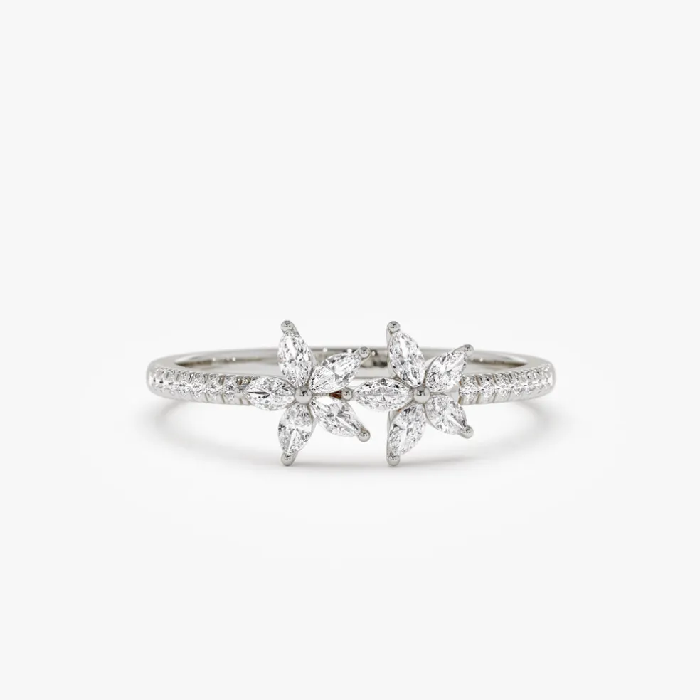 14k Marquise Shaped Diamond Flower Design Statement Ring
