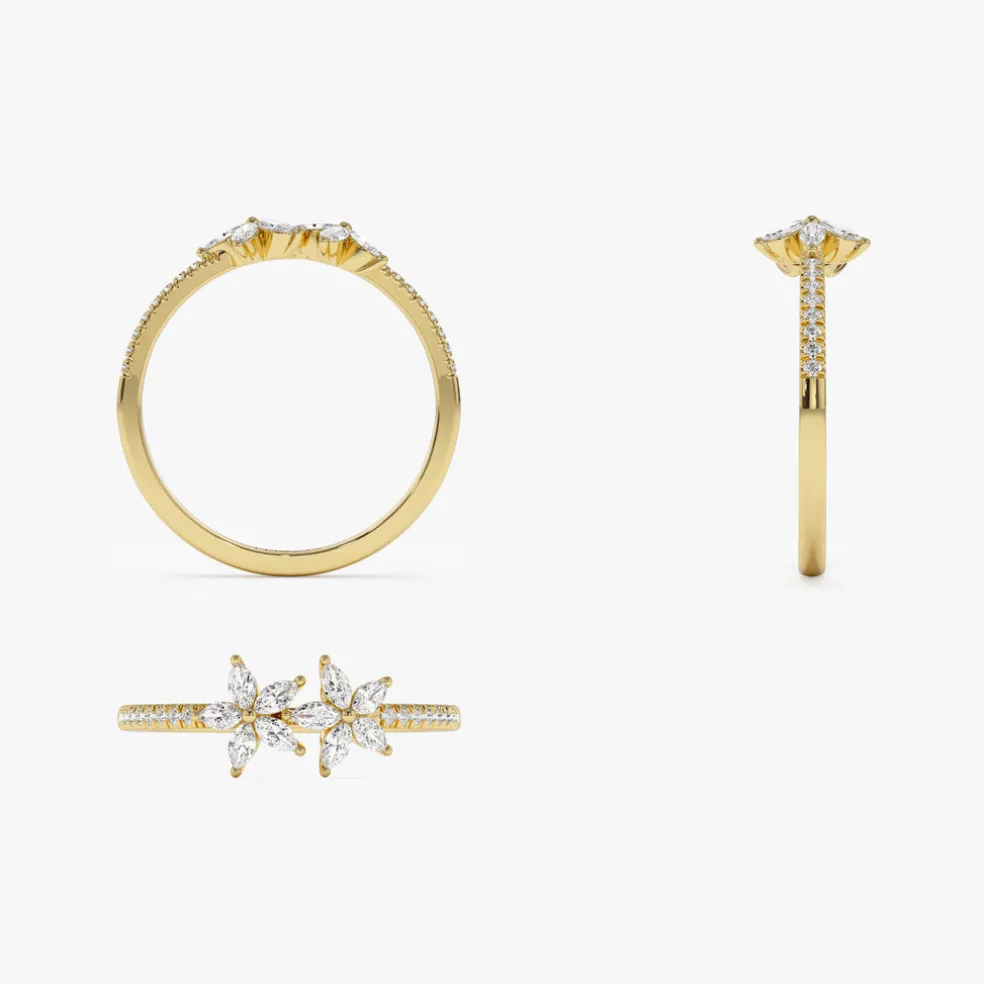 14k Marquise Shaped Diamond Flower Design Statement Ring