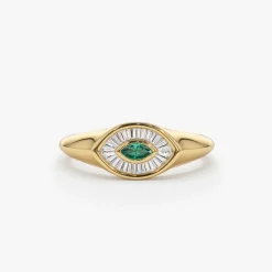 14k Marquise Shaped Emerald and Baguette Diamond Ring
