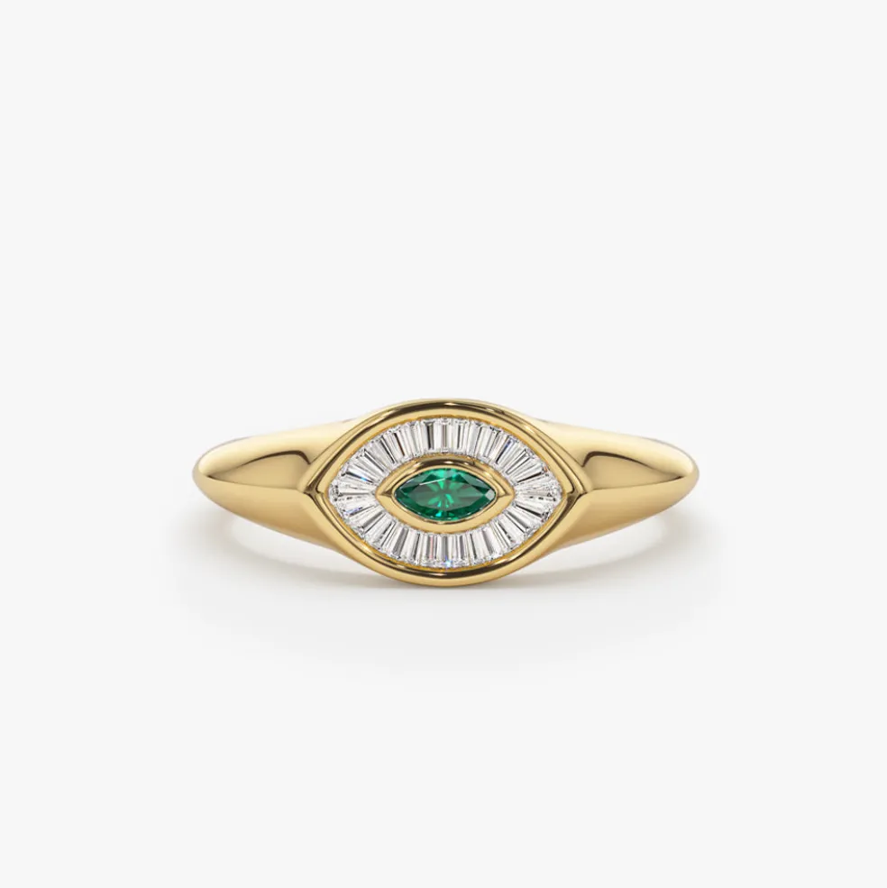 14k Marquise Shaped Emerald and Baguette Diamond Ring