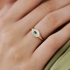 14k Marquise Shaped Emerald and Baguette Diamond Ring