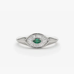 14k Marquise Shaped Emerald and Baguette Diamond Ring