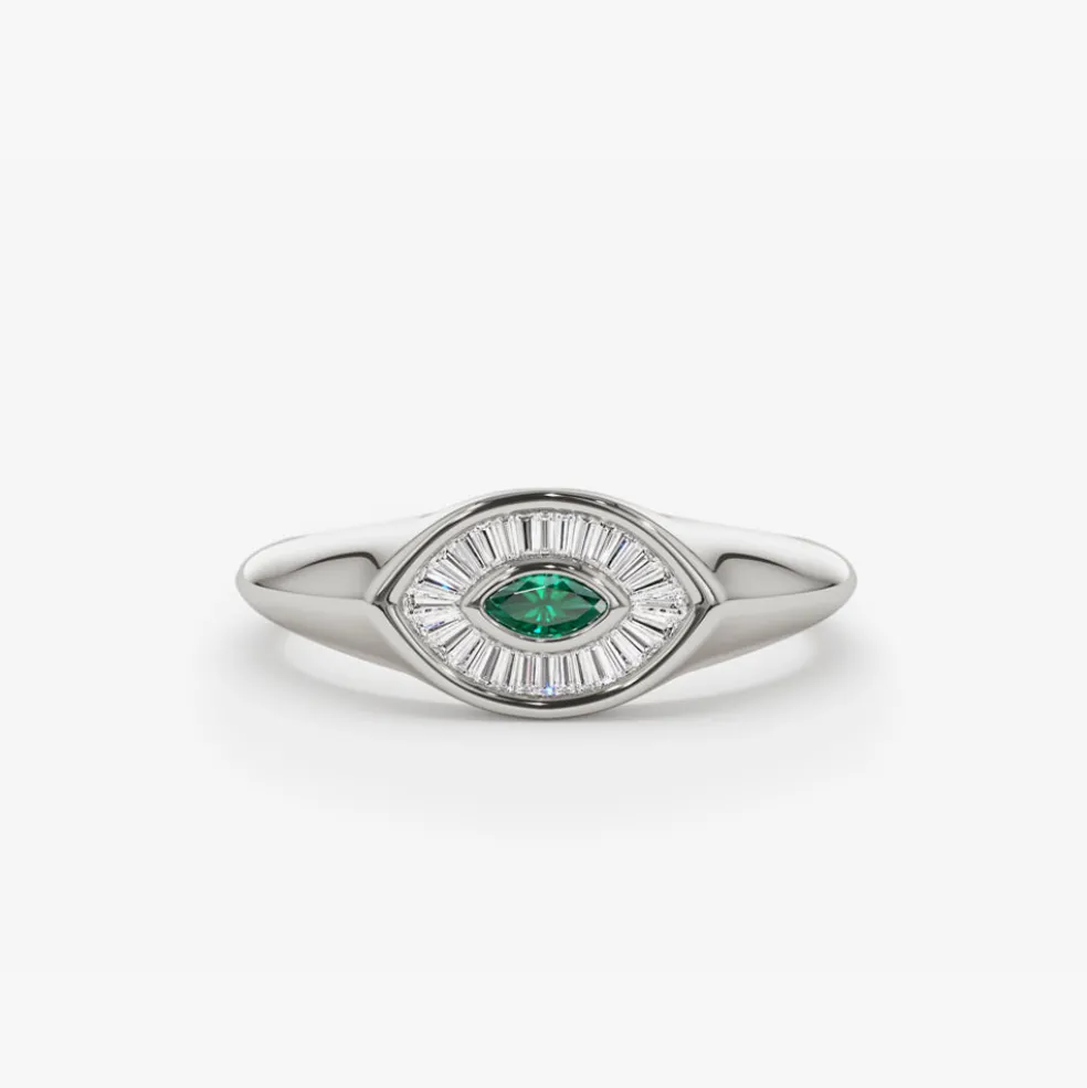 14k Marquise Shaped Emerald and Baguette Diamond Ring