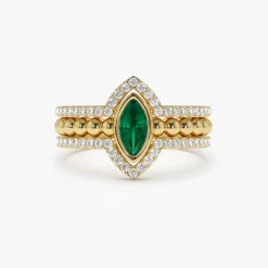 14k Marquise Shaped Emerald Ring with Nesting Diamond Bands