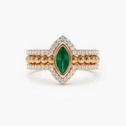 14k Marquise Shaped Emerald Ring with Nesting Diamond Bands