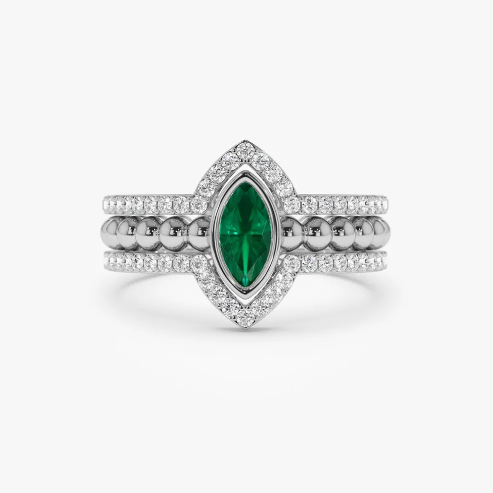 14k Marquise Shaped Emerald Ring with Nesting Diamond Bands